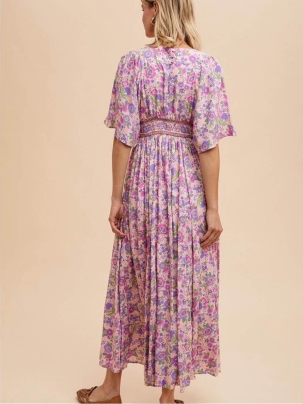 in loom - lavender, peach, green and pink flutter sleeve flowy dress - Picture 8 of 8